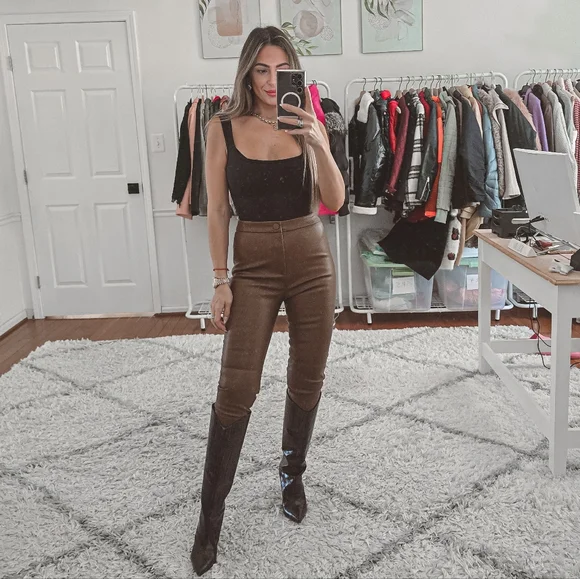 Zara brown faux leather high waist slim pants size S - Picture 9 of 9